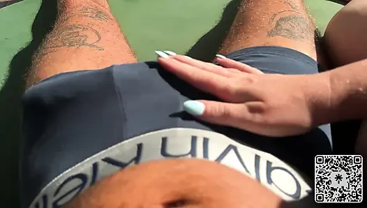 Hot Babe gives fast and sloppy Handjob on the Terrace over the Ocean