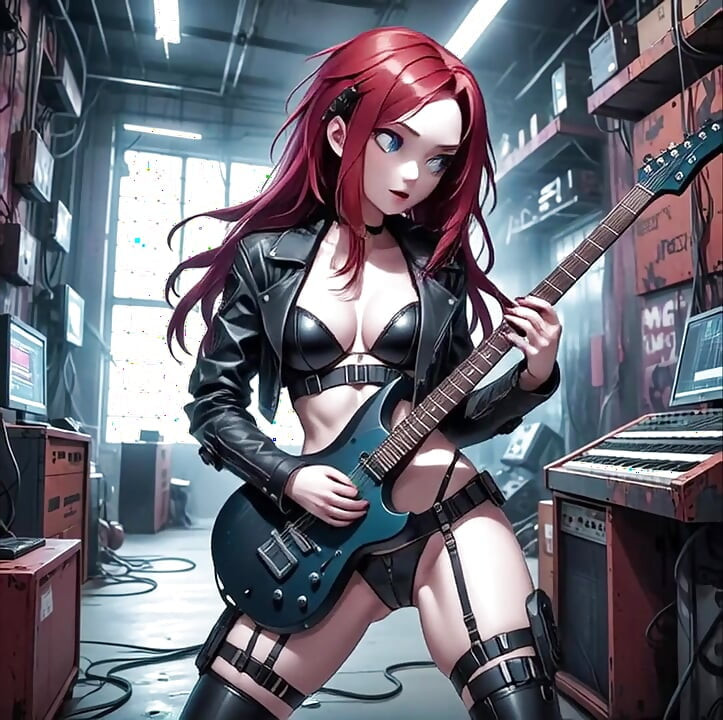 Seksikäs Anime Punapää Soittaa Metallikitara AI Musiikkivideo