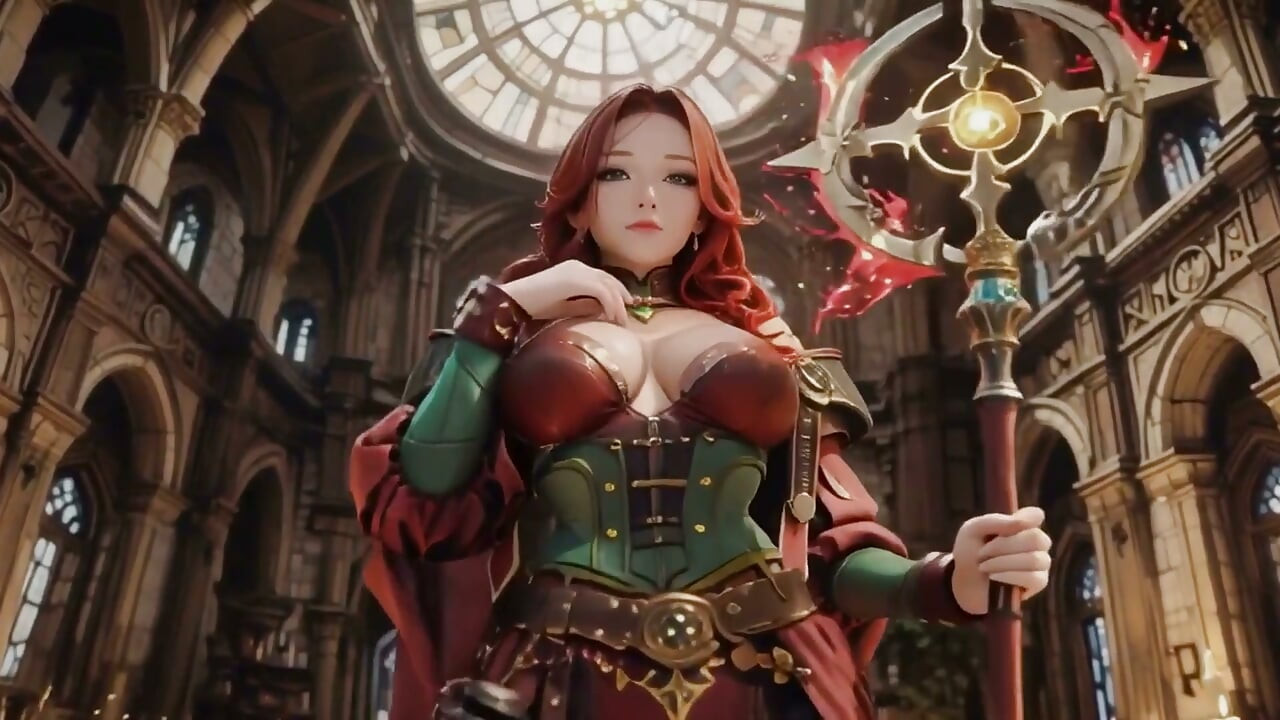 La stregona dai capelli rossi sveglia! Mentre si alza la gonna nella cattedrale gotica, Golden Halos la circonda mentre si alza la gonna.