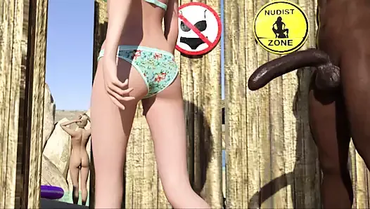 Une fille entre dans une zone nudiste sans bikini avec un bikini et attire rapidement l'attention d'une grosse bite noire