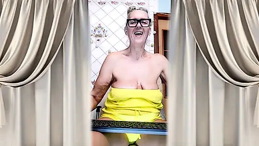 Cheerful Housewife Lukerya Shows Her Bare Feet in Kitchen. Mature Soles and Toes Close Up