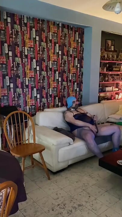 Dirty sissy whore in blue outfit playing hard ass to mouth sex