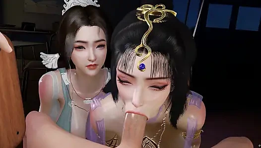 3 boyutlu iki azgın hatun büyük bir yarağı paylaşıyor