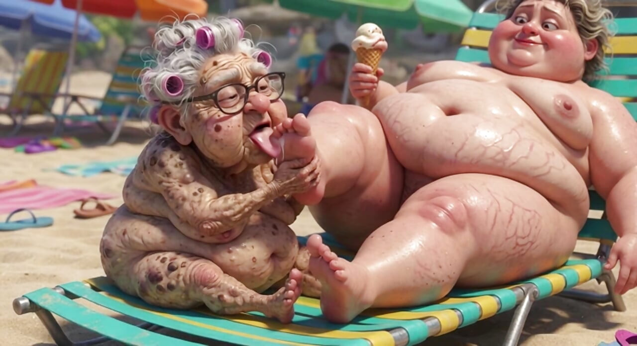 Elderly Granny Passionately Sucking BBW Feet on the Beach