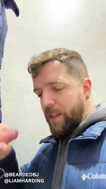 hot daddy with big cock gets sucked in public bathroom by sexy bear | Clip 1