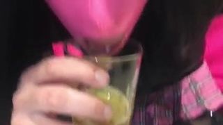 Sissy bitch drinks her own piss from a shot glass