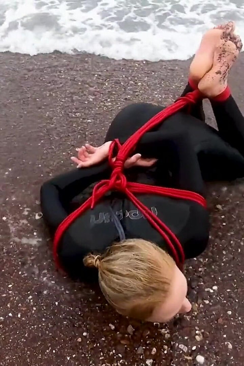 Hogtied in a Wetsuit - Rope Bondage Escape Challenge on the Beach