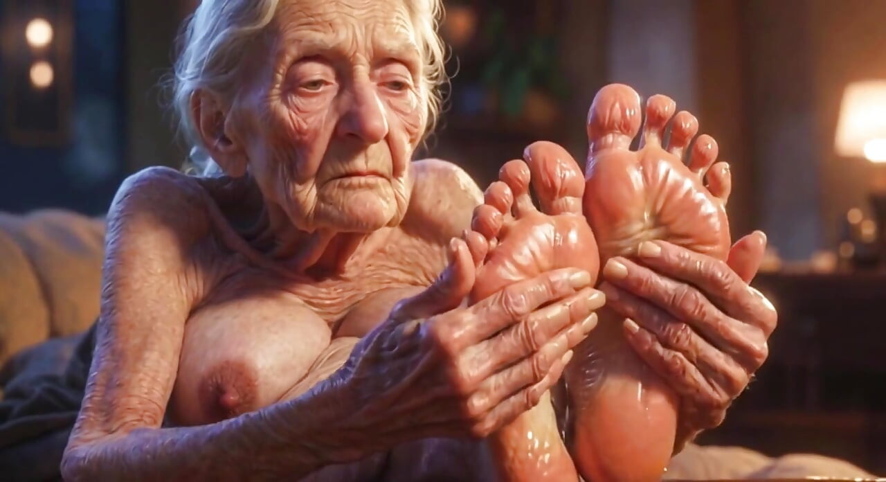 Hermosos pies grandes y arrugados aceitados - aceite goteando de los dedos de los pies masaje sensual