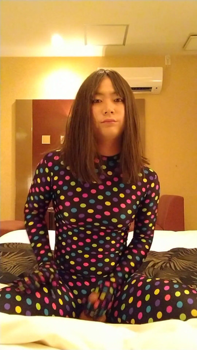 Japanese crossdresses masturbate wearing colorful morphsuit | Clip 1
