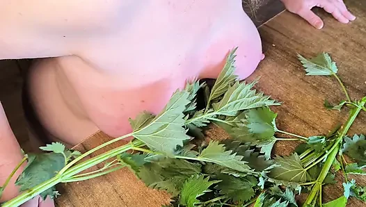 Naked tits in nettles - then hit hard