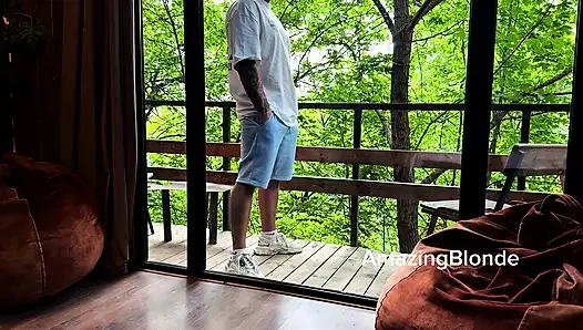 Luxury hotel, wild forest and juicy blowjob by the glass