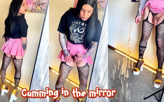Cute Goth Trans Girl Masturbates and Cums in the Mirror