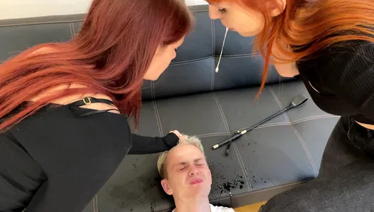 Kira and Sofi Spit in Slave's Face Completely Covering It With Their Saliva
