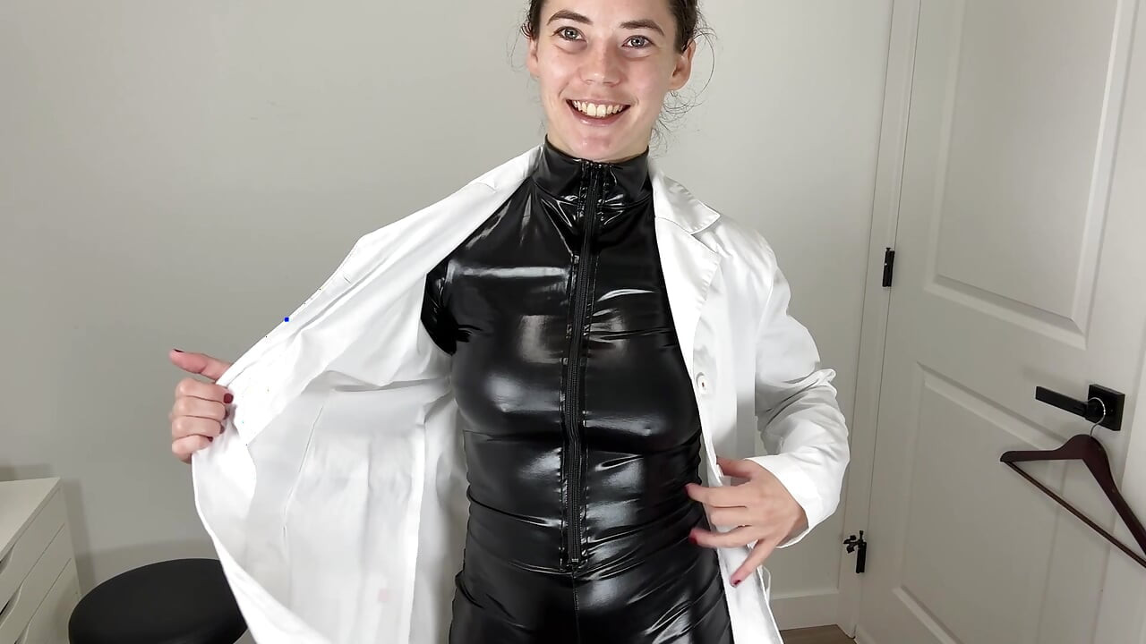 Trying on Shiny Spandex Catsuit with White Lab Coat