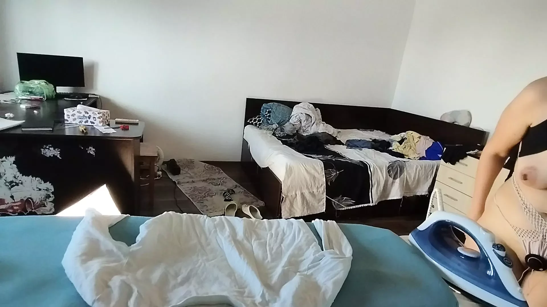 Sexy wife doing housework naked. Brunette, hairy pussy, big ass, big tits. Sexy mom massages herself with a vibrator.