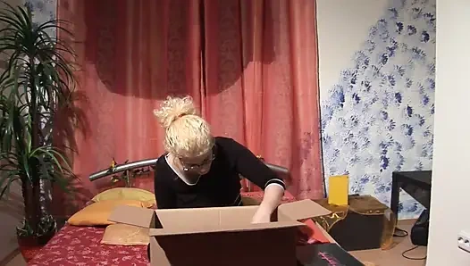 Bitch masturbates with a dildo then bends over for a hard fuck