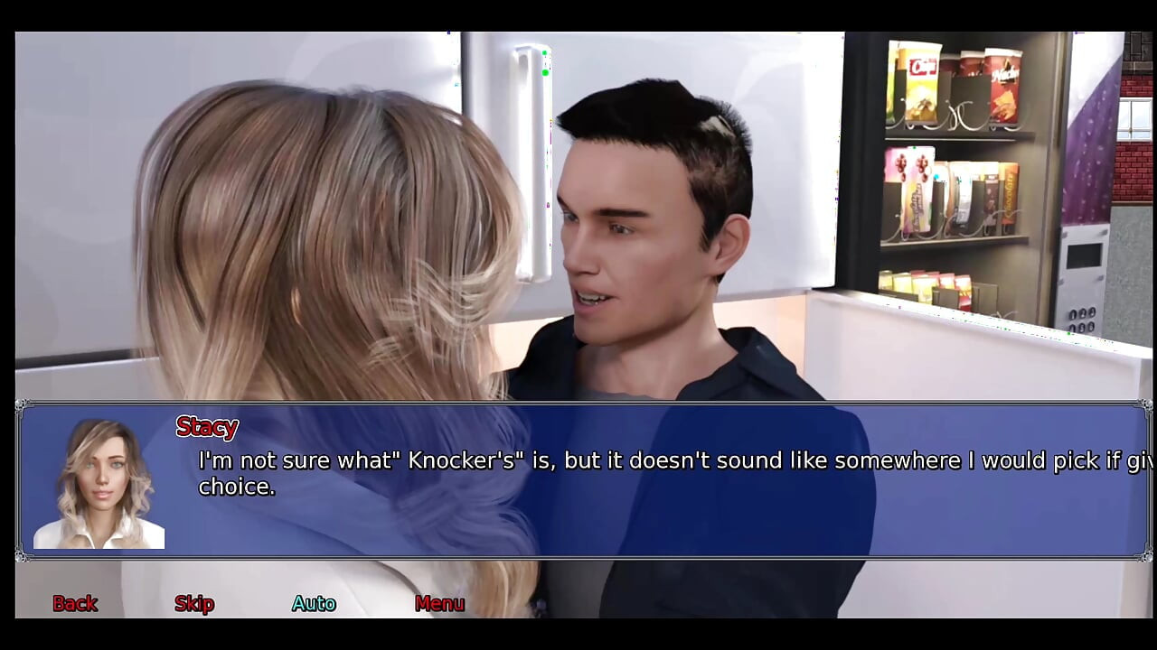 Simon, femme du bureau n° 2, regarde la jupe de Stacy.