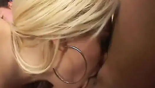 Blonde Brazilian gets fucked at both ends by hot large cocks on the couch