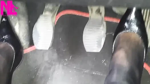Sexy Speedy Driving in Patent Black Pumps and Seamed Black Pantyhose