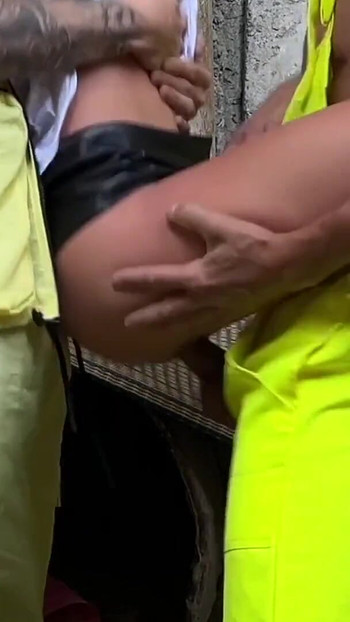 Powerful moment from "Three workers persuade a fragile inspector to fuck. Katty West + DisDiger, Falcon Al and Kit Belove"