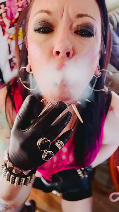 A British Tart Tina Snua Smokes A Cigarette Wearing Leather Gloves - Smoking Smoker Dangle Cigarette OMI OME Snap Inhale