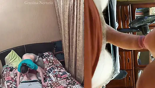 Der spontane schlafzimmer-blowjob eines echten russischen paares, gefilmt von zwei kameras