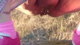 Hairy public pussy pees in public with nice pink shoes 1