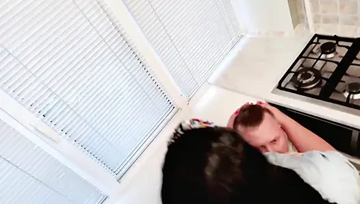 An cheating wife apologizes in the kitchen and makes amends with her beloved young man.