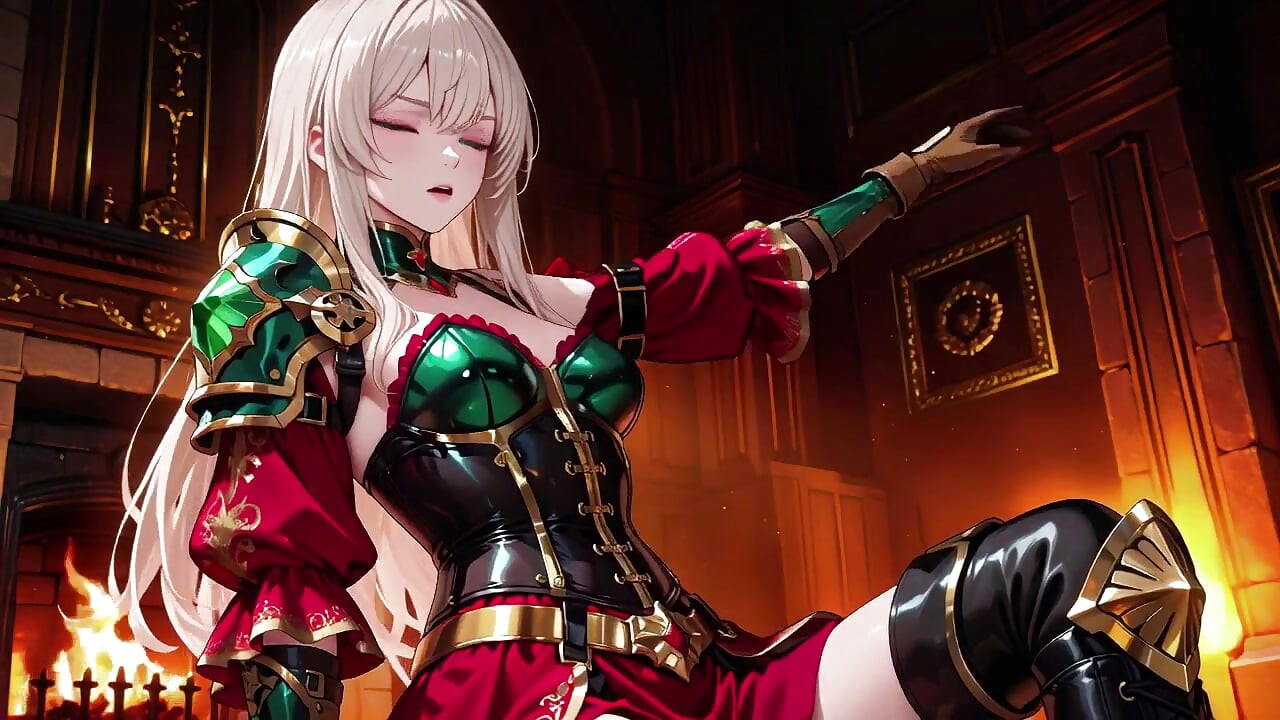 Forbidden Fantasy in Red & Green Armor! Blonde Knight Lounges Seductively While Her Silver -haired Partner Kneels to Serve