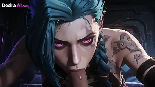 Татуированная красотка Jinx жестко скачет, заканчивая минетом и сгенерированной спермой AI