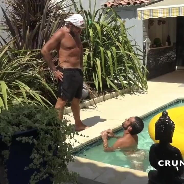 Exhi bareback in the swimming pool with Eric and Jess