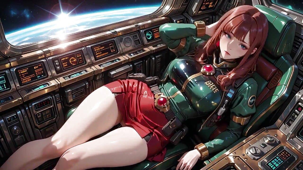 Dentro del tren de ciencia ficción, usa una armadura verde apretada, tocando sus labios rojos mientras mira la galaxia a través de la porra.