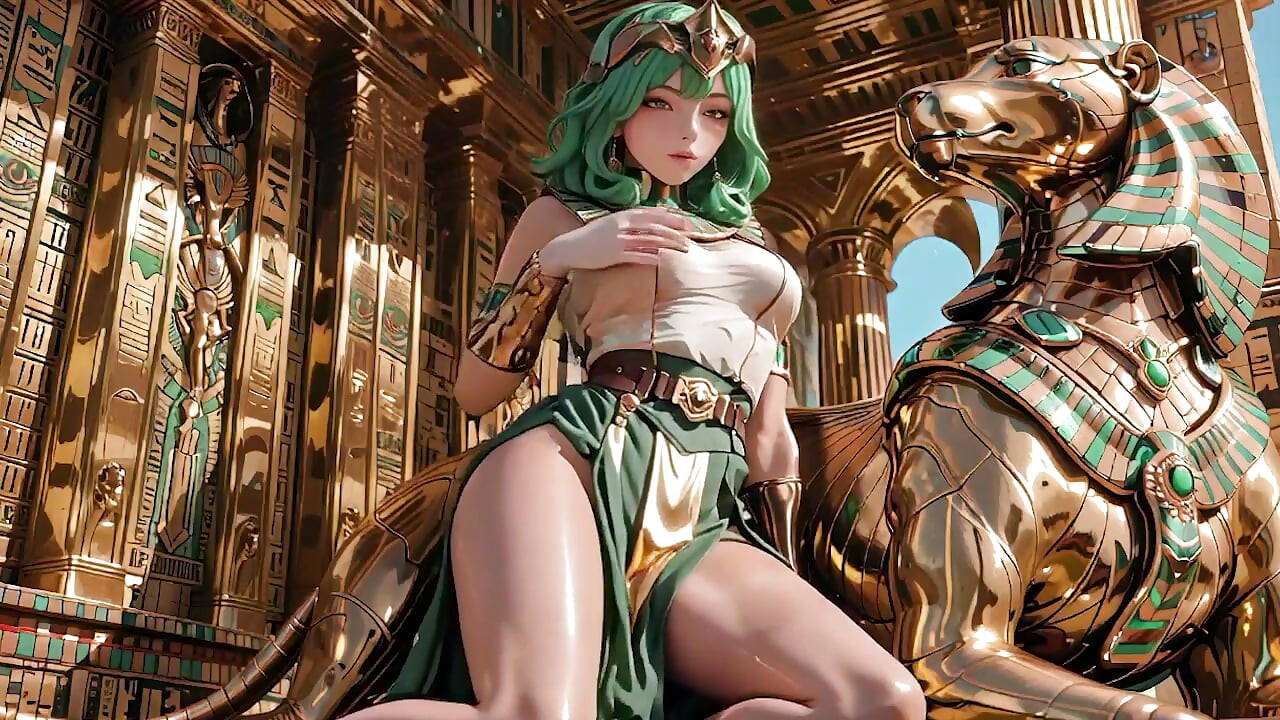 緑髪のエジプト女王！黄金の間にて、スフィンクスたちに守られ跪く。