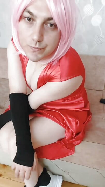 Pretty White Boy into Femininity With Red Dress