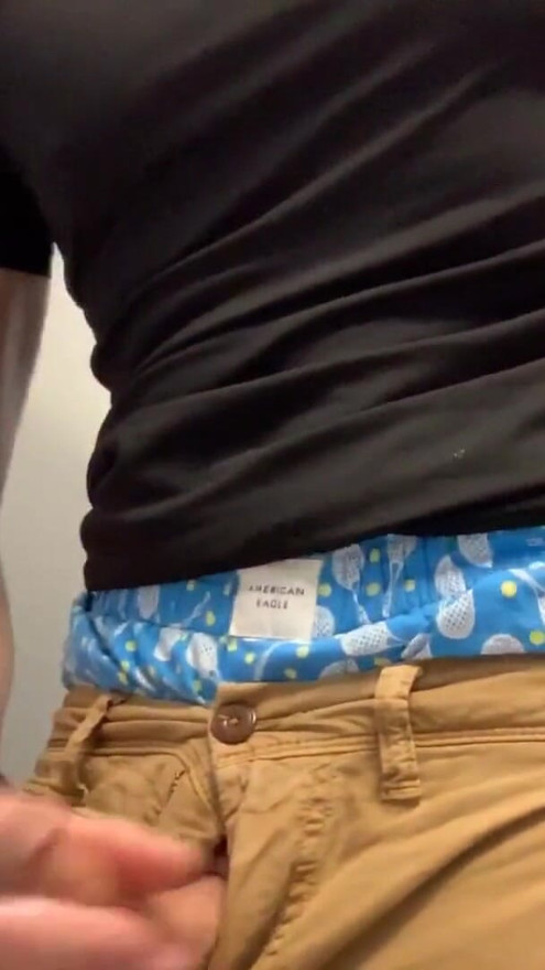 Jerking my big dick in the bathroom. I have a super hard-on and lots of precum! Verbal. Sagging in my boxers and shorts | Clip 1