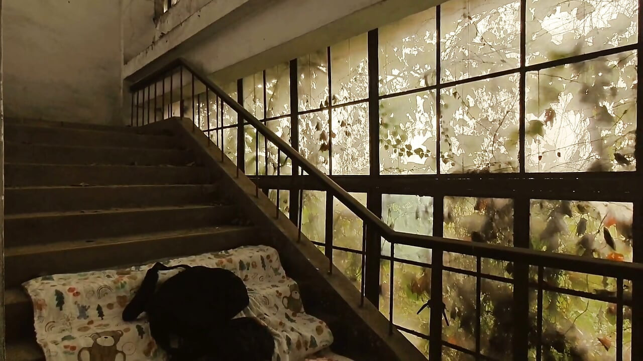 Cute Asian boy enjoys a wonderful time by ejaculating and consuming semen in the ruined stairwell on the eve of his birthday