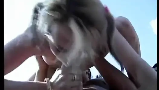Sexy slut gives bj by the pool and takes facial cumshot on lawn chair