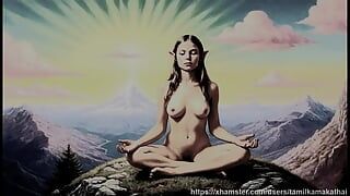 33 Nacktfotos von Elfenmädchen, die auf dem Berg meditieren