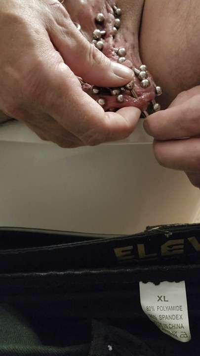 Added more 6 gauge piercings to my scrotum,  slid my finger down my urethral using my precum | Clip 1