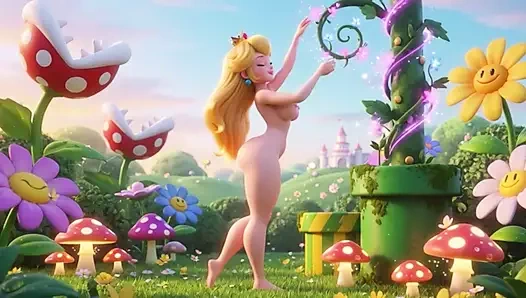 Красивая принцесса Персик обнаженная, мирная утренняя садовая рутина уход за волшебными цветами, грибы, королевство природы