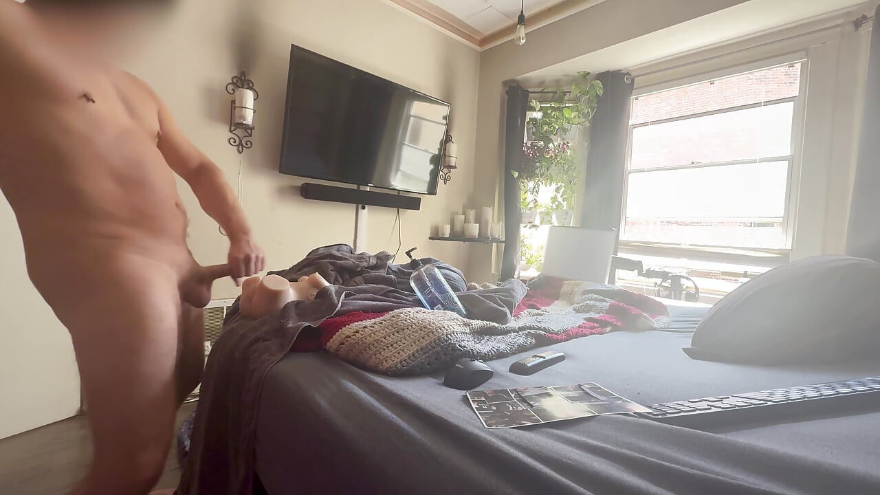 Stroking and fucking with the window open so anyone could watch!  CAUGHT AT THE END!