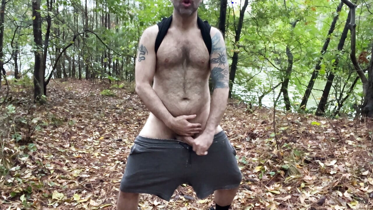 Handsome buddy jerking off by the lake at his local park exposed dick don cock penis hairy bator solo sexual