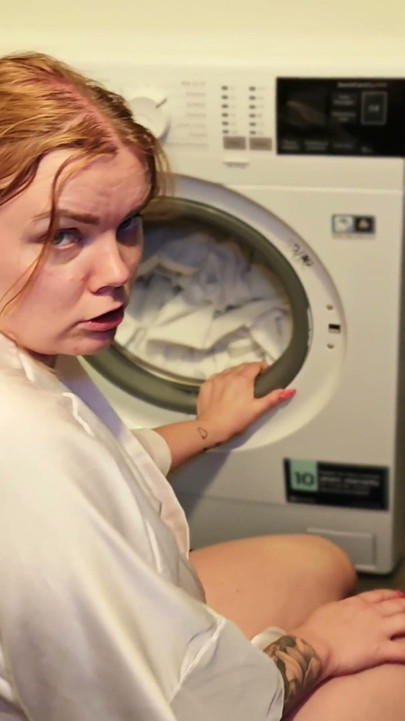 My Stepbrother Fucks Me While My Head Is Inside the Washing Machine and Covers My Tits in His Cum.