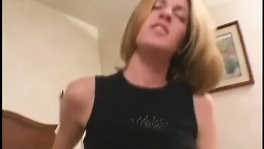 Young a-cup blonde lowers her shaved pussy onto white dude's large cock