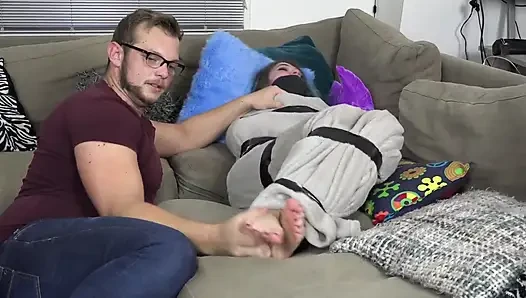 Luna Grey - encased in blanket and tickling