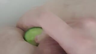 Bathing cucumber in moaning bathtube-boy