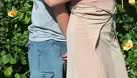 Huge boobs blonde milf fucking licking big cock sucking in the garden