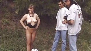 Chubby German chick in pantyhose loves masturbating in the woods