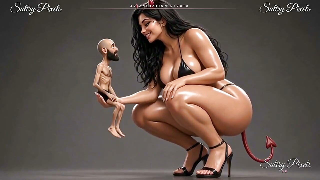 Un diable géant se déshabille les seins nus pour son petit barbu - il embrasse son talon haut