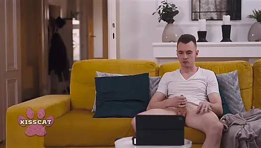 Step Catches Busty Amber Bloom Jerks Step Bro on Couch Spanks Her During Doggy